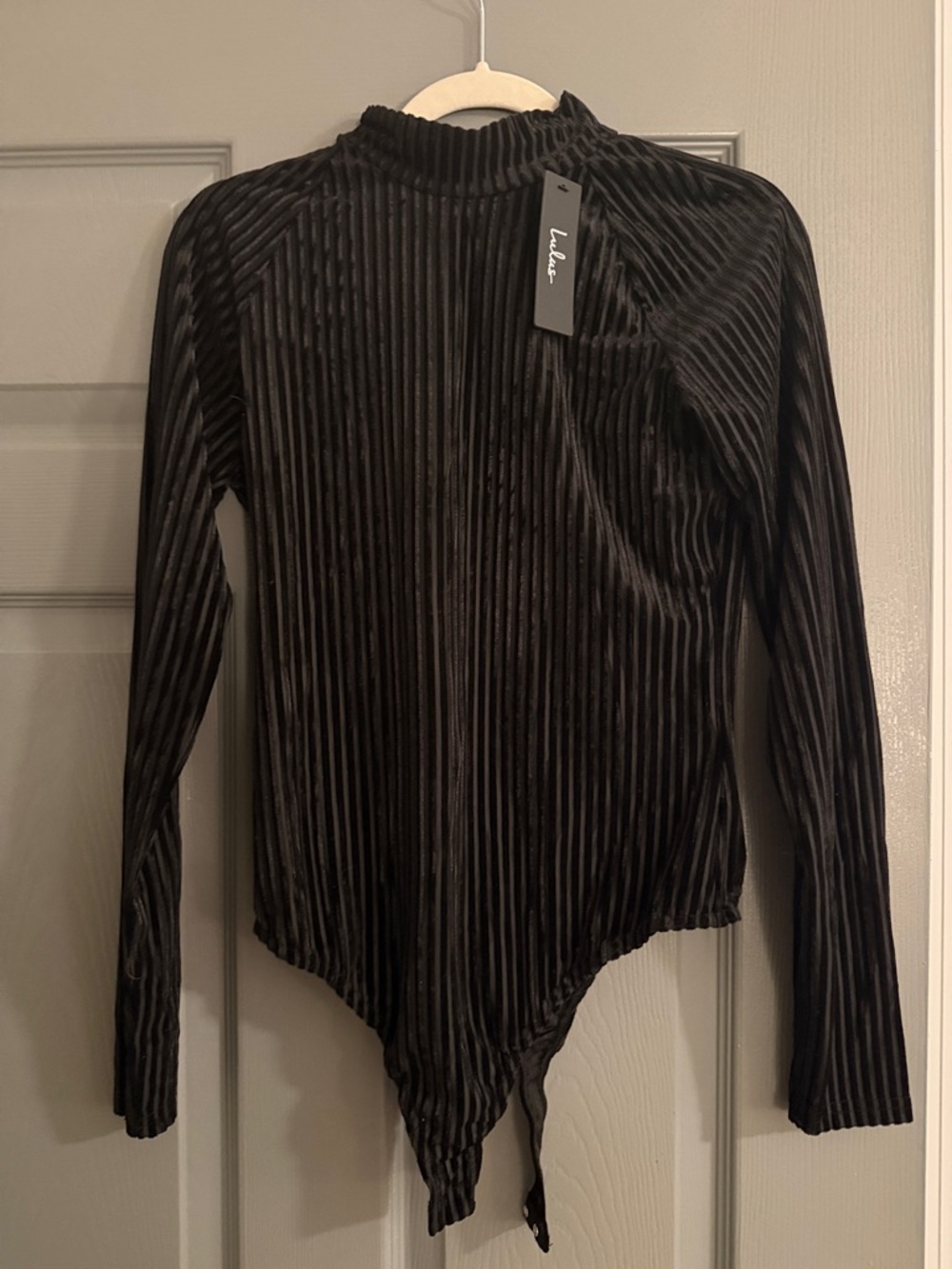 Lulus Absolute Stunner Black Velvet Striped Long Sleeve Bodysuit - Size L - Picture 2 of 3